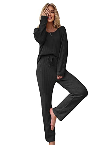 WDIRARA Women's 2 Piece Pajama Waffle Knit Lounge Set Long Pants